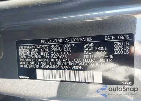 2016 Volvo Xc90 T6 Momentum из США, поврежденный, VIN YV4A22PK3G1028717